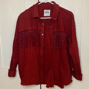Zara maroon red fringe glitter denim jean jacket